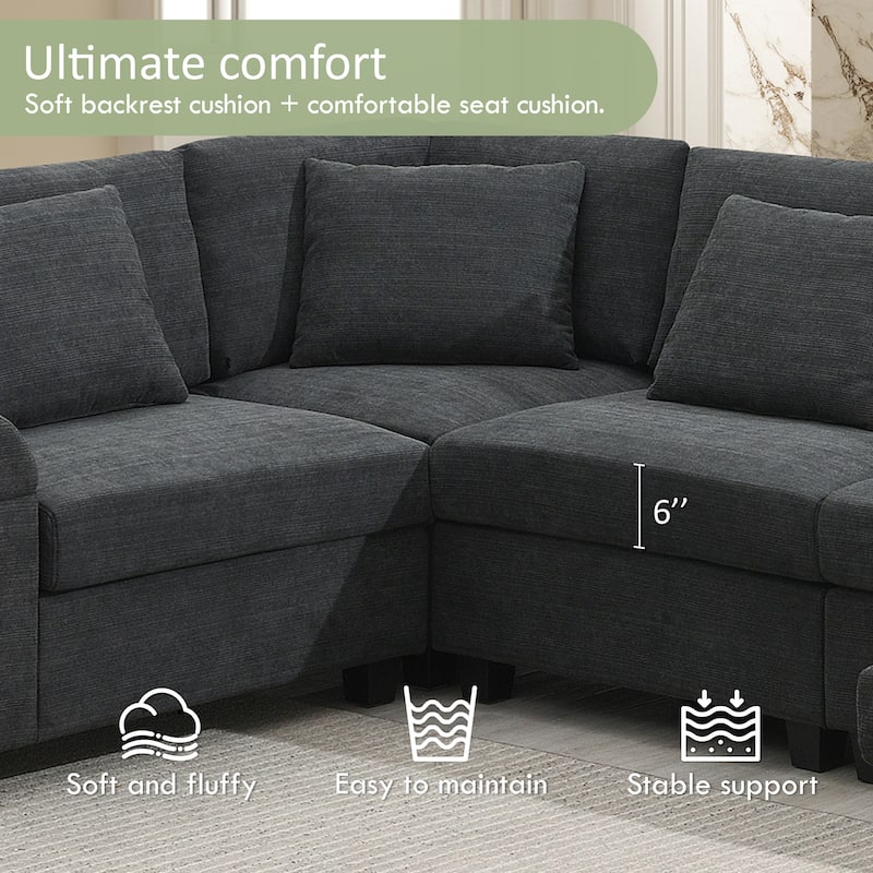 Chenille Sectional Sofa with Hidden Armrest Storage, Cup Holders, USB Charging Ports and Oversized Ottoman Chaise Lounge