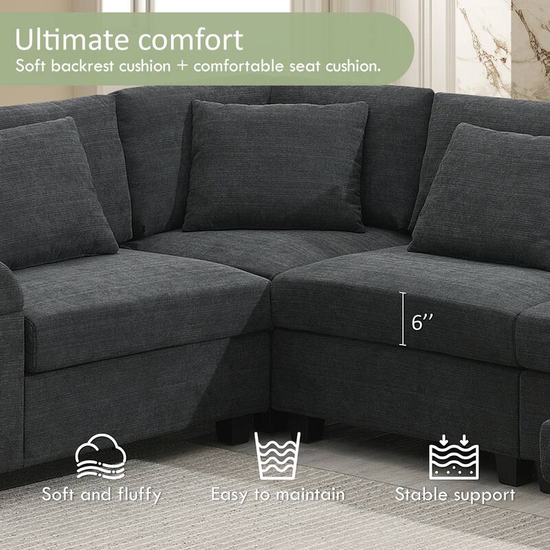 U Shaped Sectional Sofa with Ottoman, Chenille 6 Seater Sofa with Hidden Armrest Storage, Cup Holders & USB Charging Ports