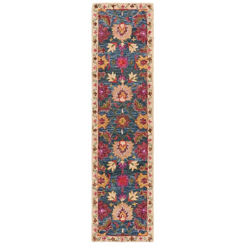 SAFAVIEH Handmade Aspen Miloranka Boho Floral Wool Rug - 2'3" x 9' Runner - Navy/Red