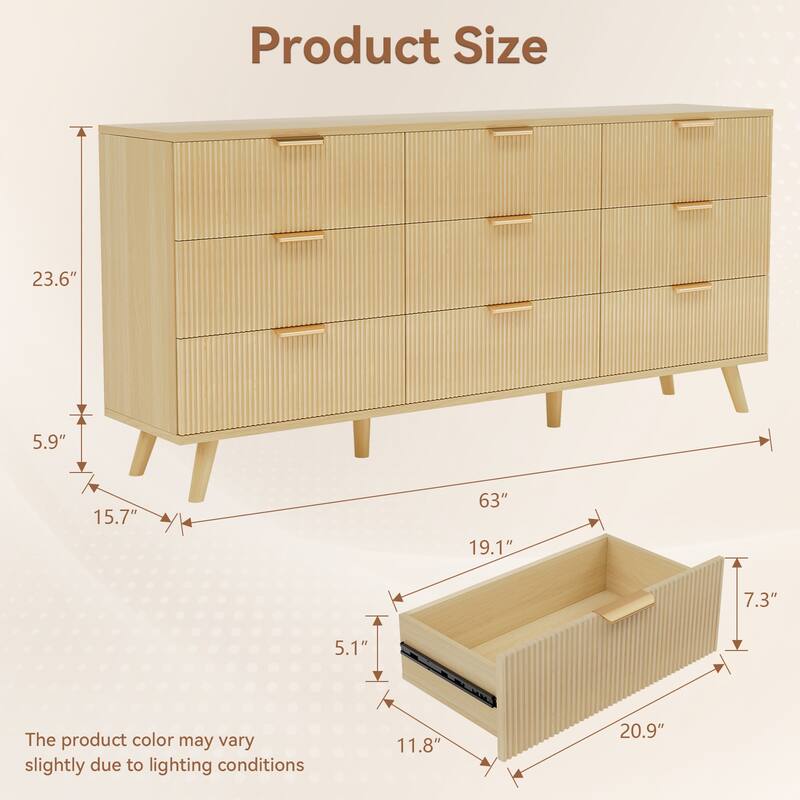 Gymojoy 9 Drawer Dresser, 63" Wide Fluted Wood Chest of Drawers with Gold Handles, Modern Storage Organizer for Closet