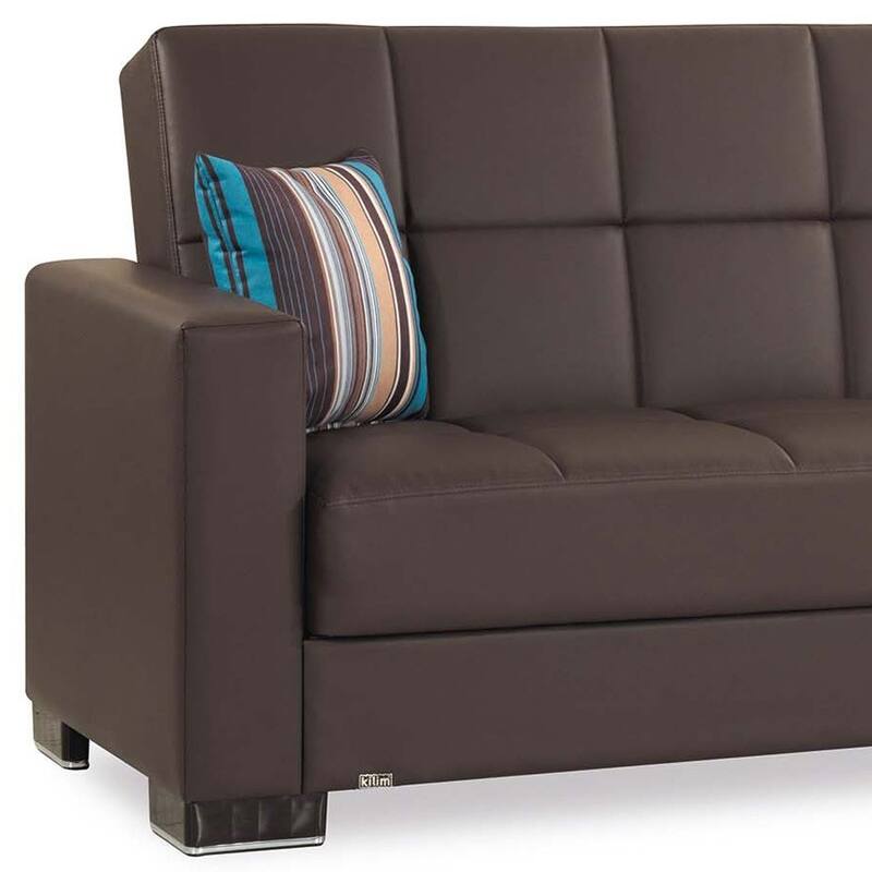 HomeRoots 87" Brown Faux Leather Convertible Futon Sleeper Sofa And Toss Pillows With Storage