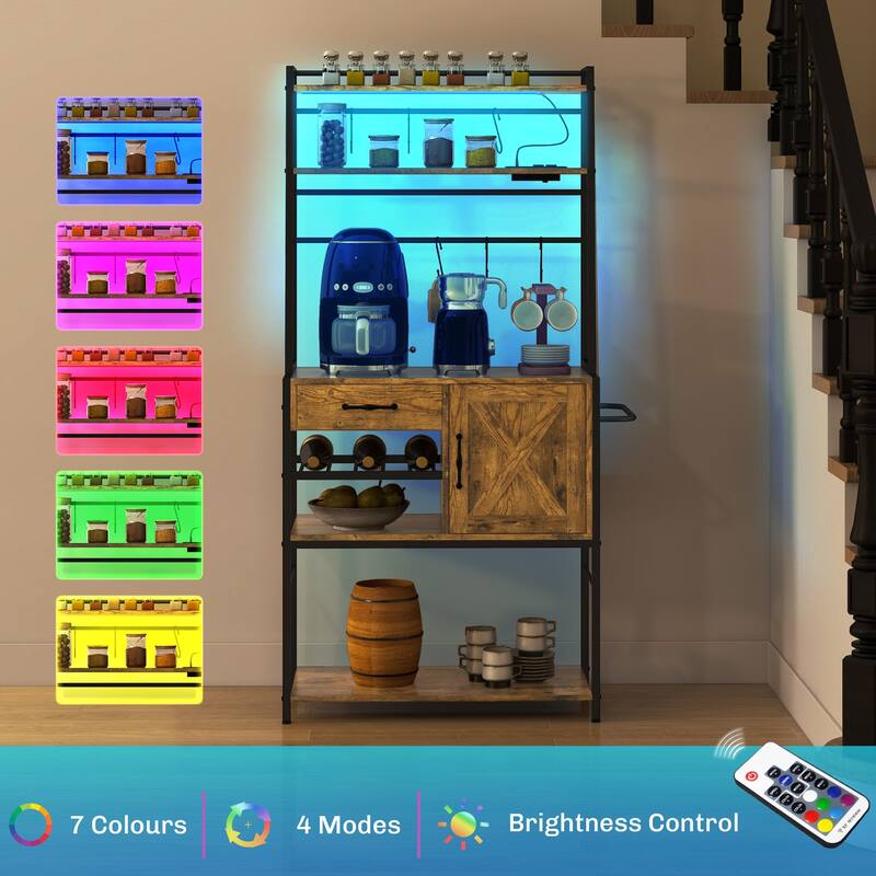 Coffee Bar Table with Power Outlet & LED Lights, Kitchen Buffet Storage Cabinet with Barn Door Cabinet & Wine Bottle Rack