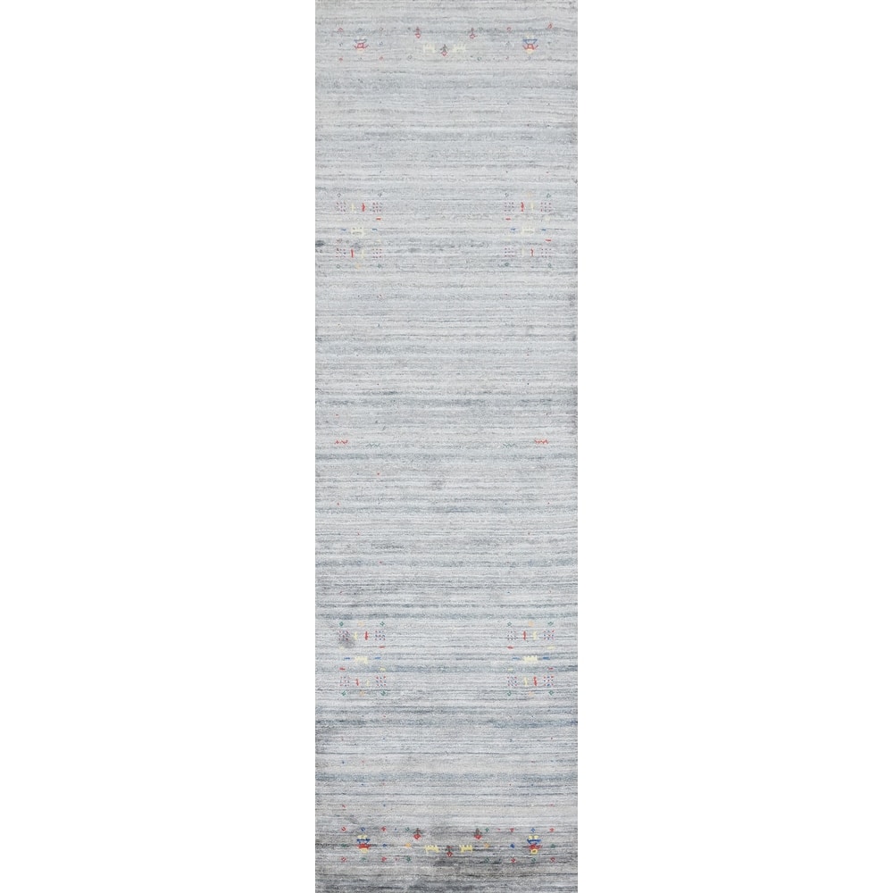 Hand Knotted Oriental Viscose Silk Carpet Tribal Animal Pictorial Greys & Charcoal Gabbeh Runner Rug - 11' 7'' X 2' 6''