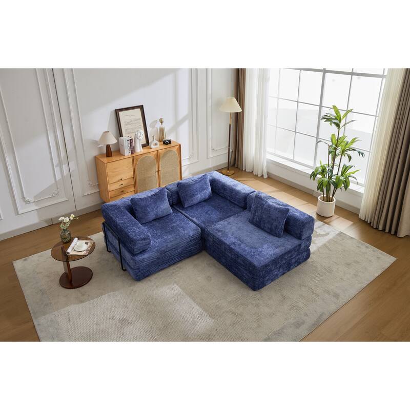 Chenille Fabric Compression Sofa, Boneless Modular Sectional Sofa, Convertible Floor Sofa Bed with Fixed-Shape Frame