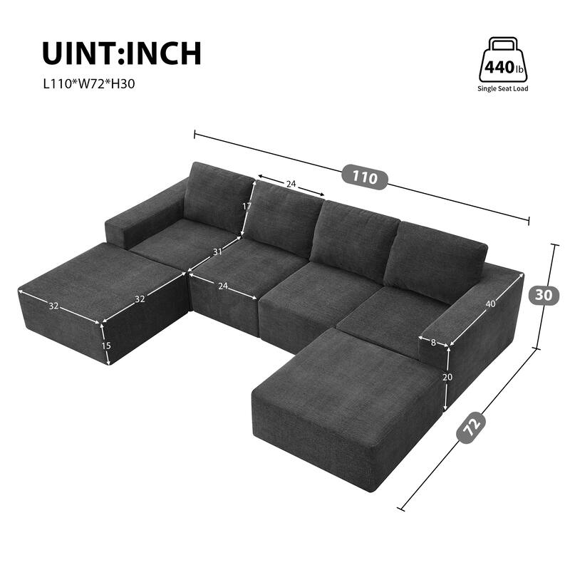 Modular U Shaped Sectional Sofa,Luxury Chenille Floor Couch Set,Foam-Filled Sleeper Sofa Bed,Free Combination，Dark Gray