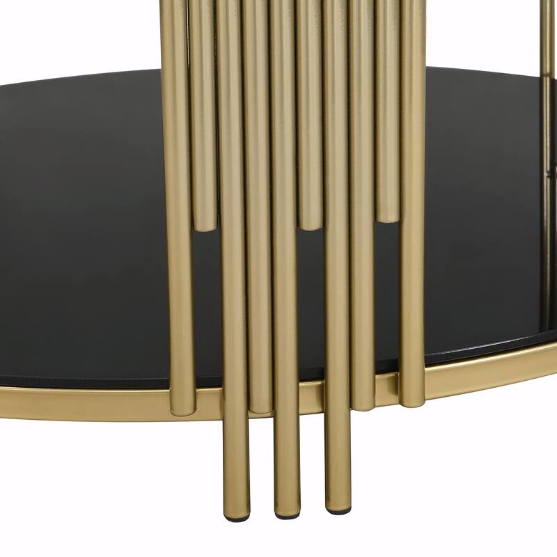 Modern Black Mirror Coffee Table with Asymmetrical Metal Base, Circular Drum Base and Lower Shelf