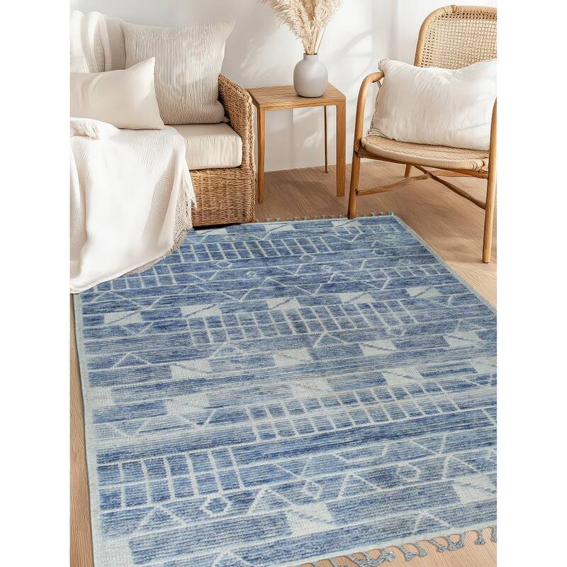 Home Decor Blue Hand-Knotted Wool Contemporary Marrakech Handspun Area Rug Stylish and Elegant Rug for Living Room, Bedroom - 8' x 10' - Blue - Rectangle