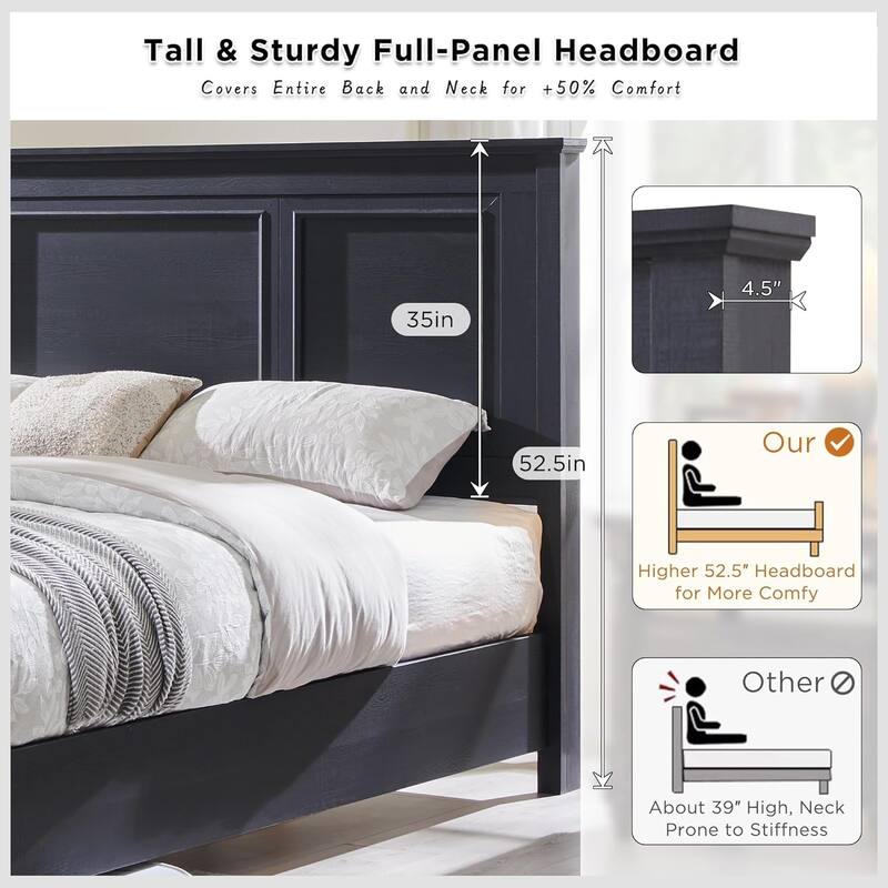 Farmhouse Queen Wood Bed Frame with 52" Tall Headboard & Footboard