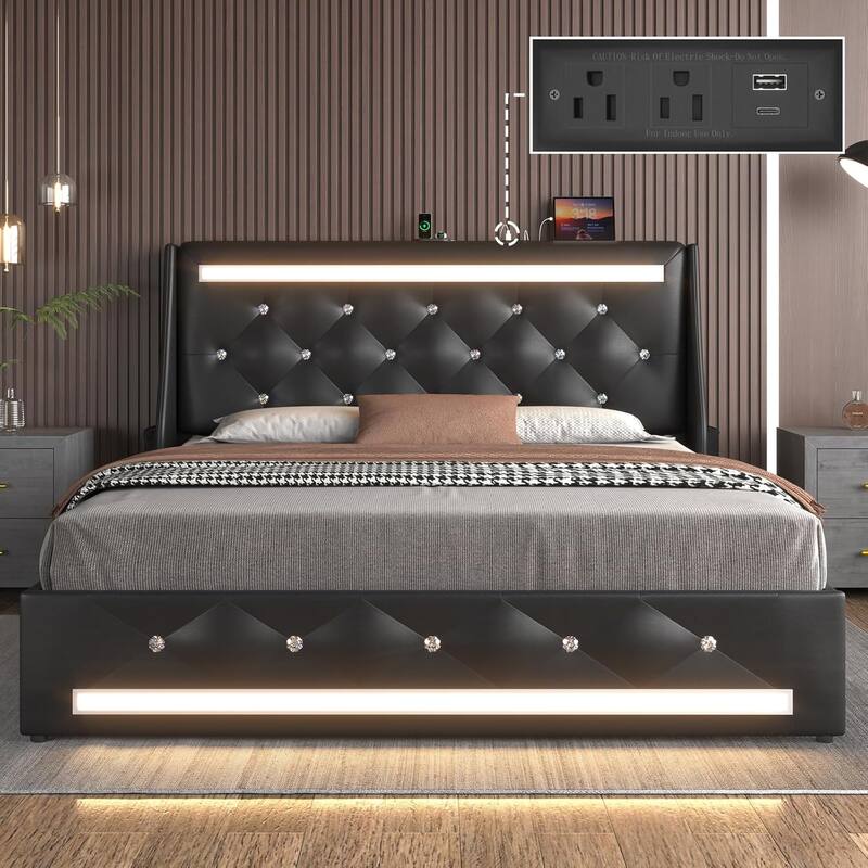Full Bed Frame with LED Lights, Upholstered Bed Frame with Charging Station, Platform Bed with Diamond Headboard, Wooden Slats - Black