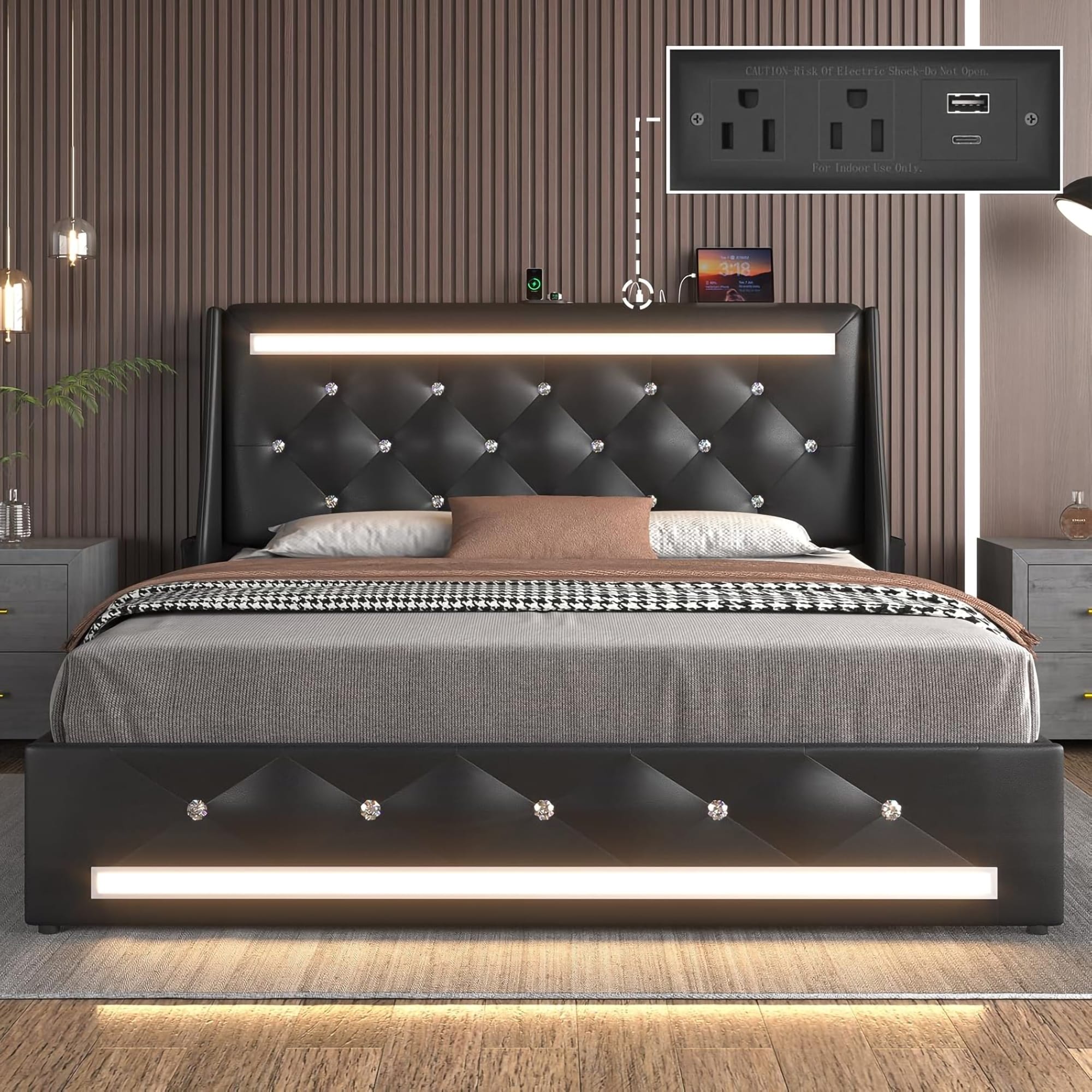 Queen Bed Frame with LED Lights, Upholstered Bed Frame with Charging Station, Platform Bed with Diamond Headboard, Wooden Slats