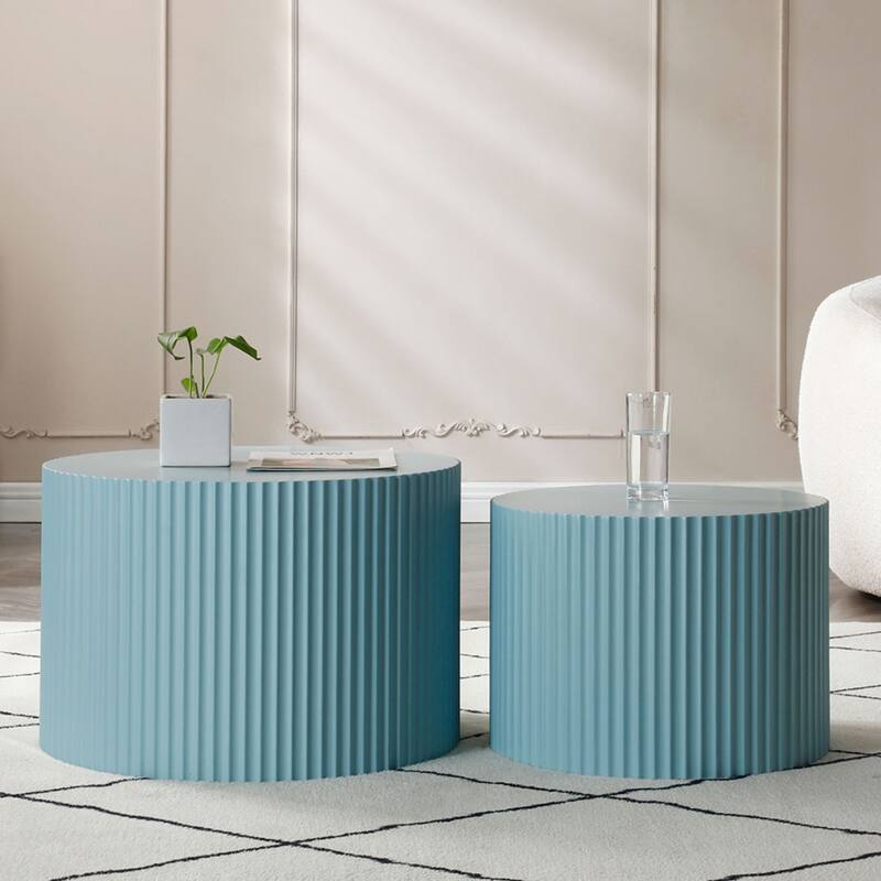 Modern Glam Relief Carving Round Accent Nesting Side Fluted Coffee Tables Set (2 Pack) No Assembled