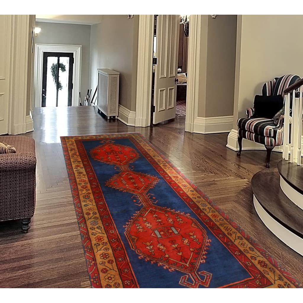 Fine Vintage Distressed Jaouad Red/Navy Runner - 3'11" x 10'2"