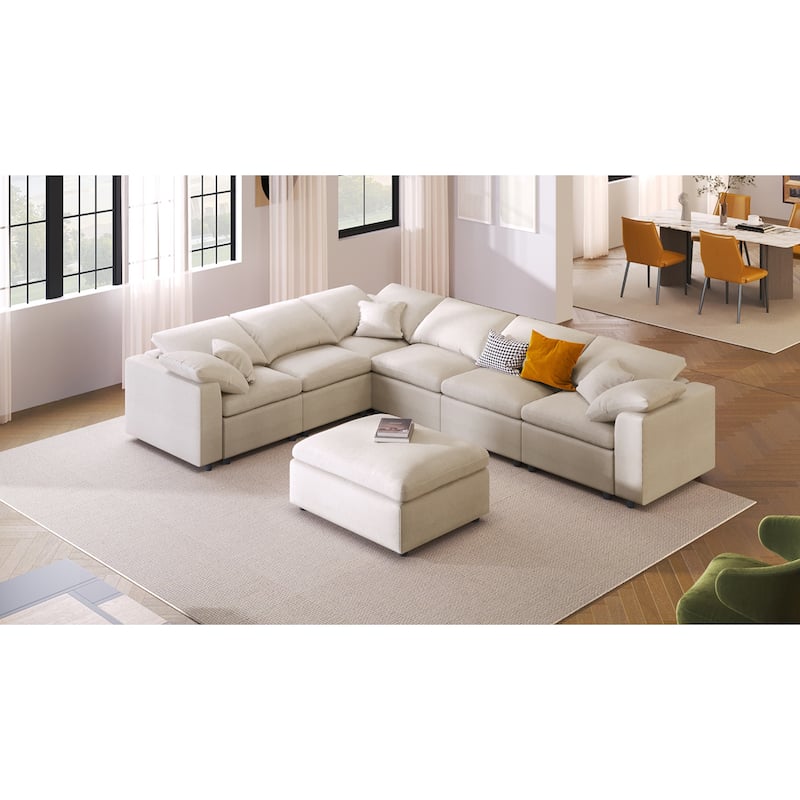 Roomfitters 124.8" 7-Seater Modular Sectional Sofa, Large Modern L-Shaped Upholstered Couch with Ottoman for Living Room, Beige