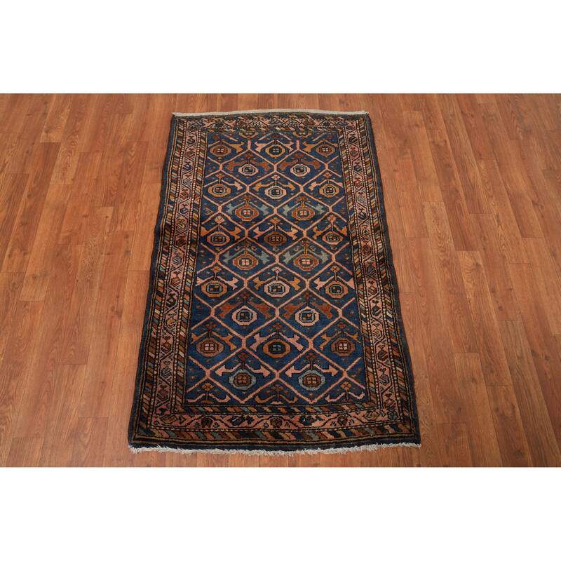 Hand Knotted Oriental 100% Wool Carpet Traditional Geometric Navy Blue & Blues Malayer Area Rug - 4' 1'' X 2' 7''