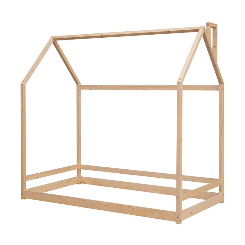 Twin/Full Size Wooden House Bed for Kids, Semi-Enclosed Playhouse Design with Roof, Perfect for Bedroom Fun and Sleep