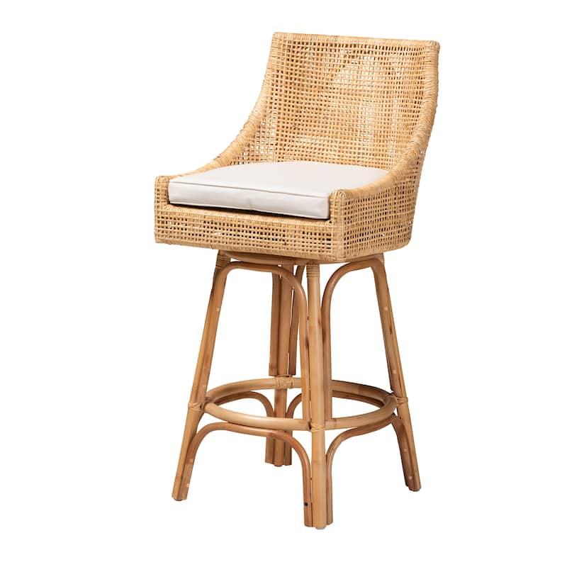 Bella Swivel Rattan Counter Stool with Cushion - Handwoven Wicker Kitchen Island Seating with Backrest and Footrest - Bar Height - Natural Brown, White