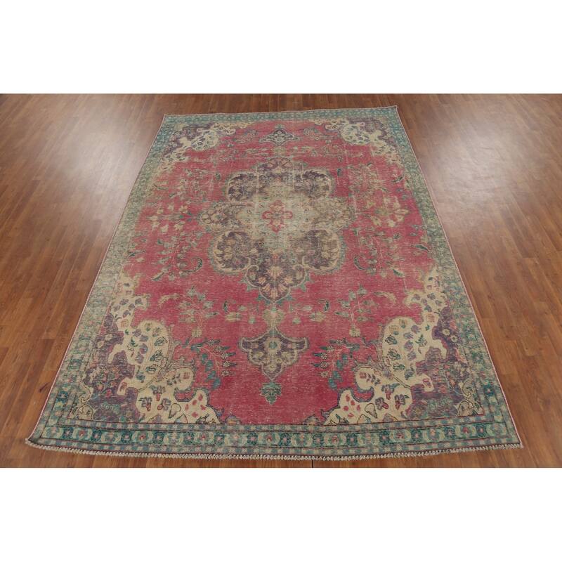 Pink Tabriz Persian Antique Area Rug Handmade Wool Carpet - 7'5"x 10'1"
