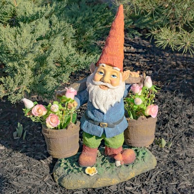 21 Inch Tall Spring Gnome Garden Statue Holding Two Buckets