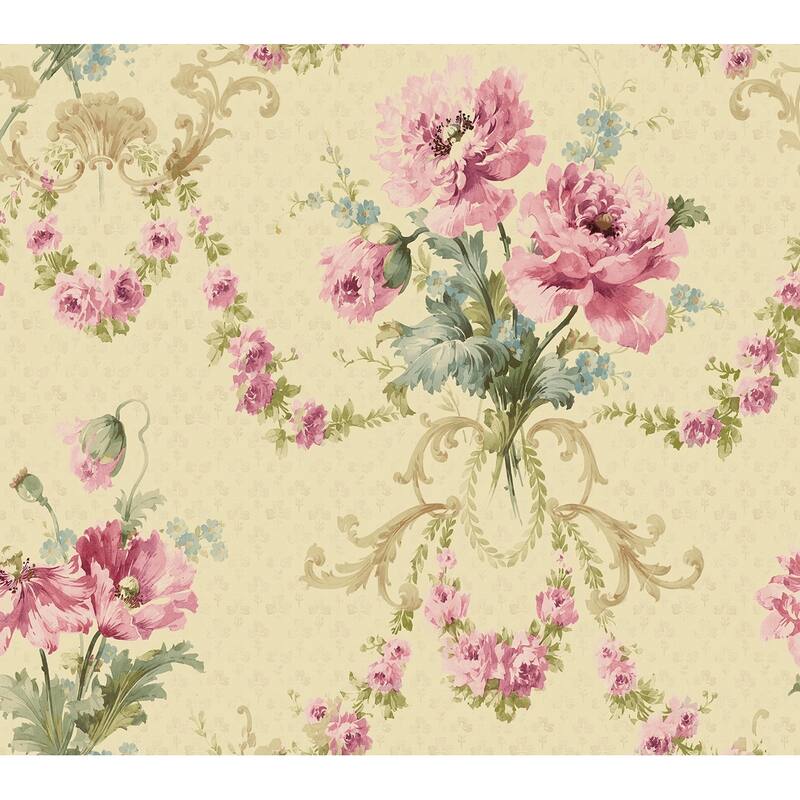 Seabrook Designs Tanvi Floral Bouquet Unpasted Wallpaper - 20.5 in. W x 33 ft. L - Metallic Parchment & Magenta