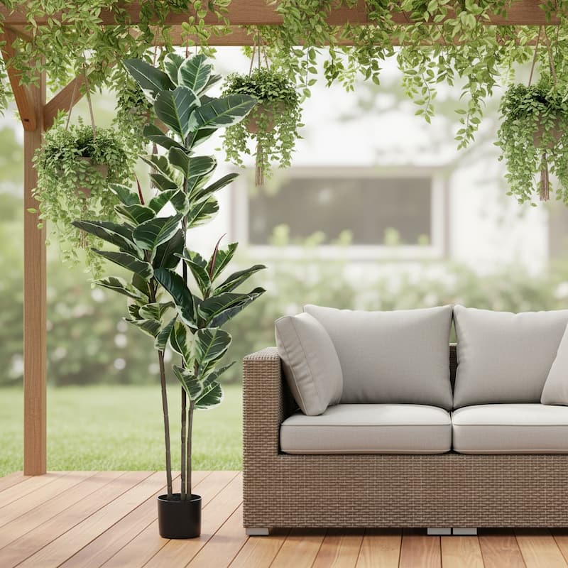 HomeRoots 63" Green Artificial Rubber Tree in a Black Pot - 6.69 in. x 62.99 in. x 6.69 in. - Green - 6.69 in. x 62.99 in.  x 6.69 in.
