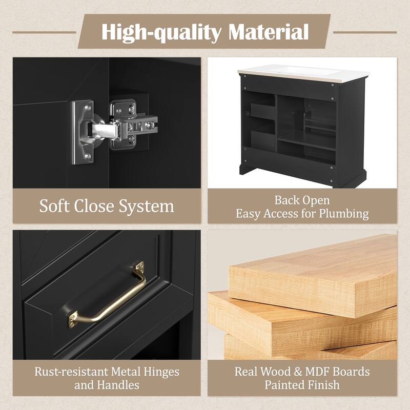 36" Bathroom Vanity with Sink, Ceramic Sink, 2 Tip-out Drawers, Soft Close Door Hinges, Black