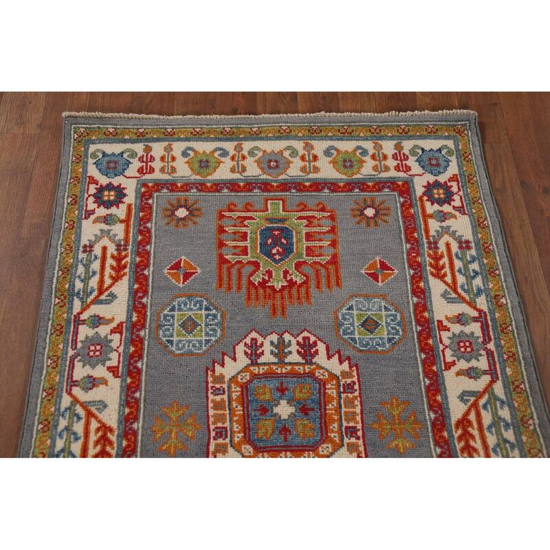Gray Geometric Kazak Runner Rug Handmade Hallway Wool Carpet - 2'7" x 9'9"