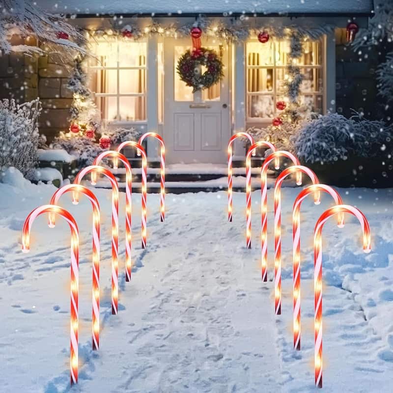 12 Pcs Christmas Candy Cane Pathway Markers Lights, 12" Christmas Stakes Lights - White and Red