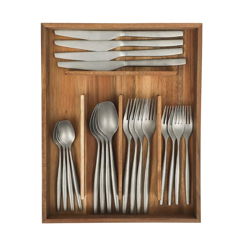 Bloomhouse 20 Piece Flatware 18/10 Stainless Steel Silverware Cutlery Utensil Set With Acacia Wood Caddy - Service for 4 - Stone Washed Silver