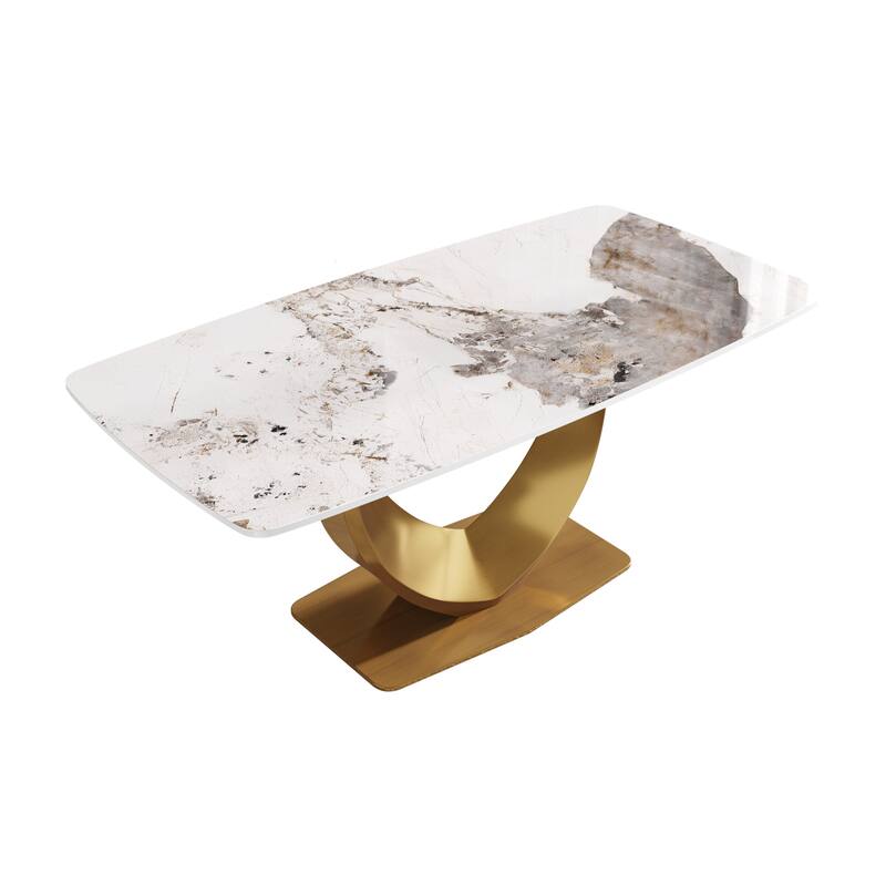 Modern Rectangle Marble Dining Table for 6-8, Marble Kitchen Dinner Table with Gold Finish Metal Base