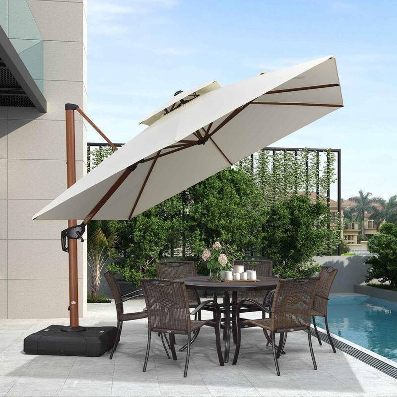 PURPLE LEAF 10 ft Square Wood Pattern Patio Cantilever Umbrella with Base