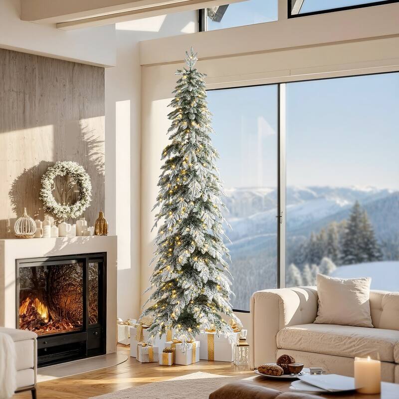 Glitzhome Pre-Lit Flocked Pencil Spruce Artificial Christmas Tree with Warm White Lights - 9 Foot