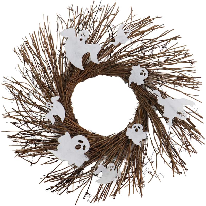 Haunted Hill Farm 20-In. Battery-Operated Natural Twig Wreath with LED Lights and Spooky Ghosts