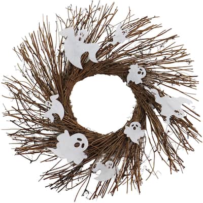 Haunted Hill Farm 20-In. Battery-Operated Natural Twig Wreath with LED Lights and Spooky Ghosts