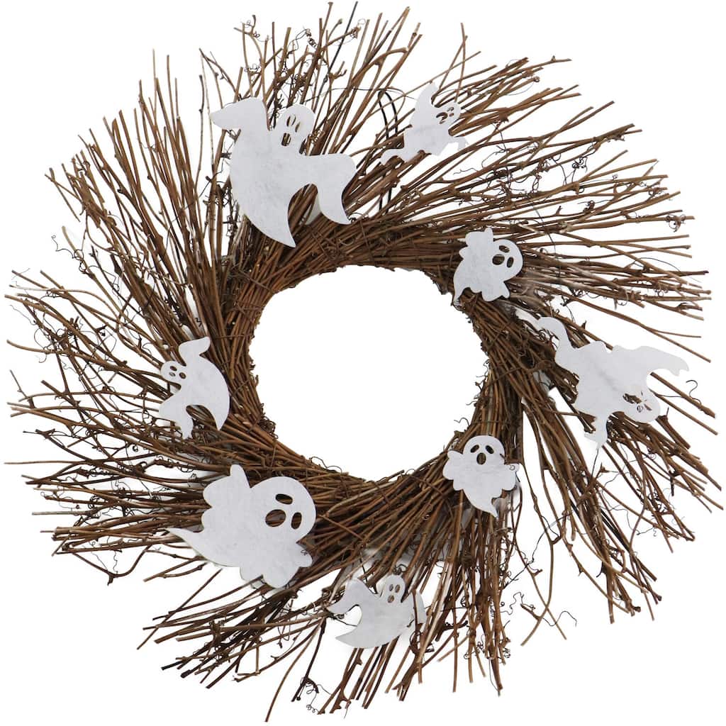 Haunted Hill Farm 20-In. Battery-Operated Natural Twig Wreath with LED Lights and Spooky Ghosts