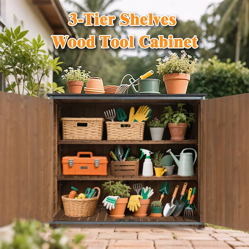 Low Outdoor Storage Shed - 50.4"L x 26.8"W x 41"H, Backyard Tool Cabinet with Metal Frame, Brown