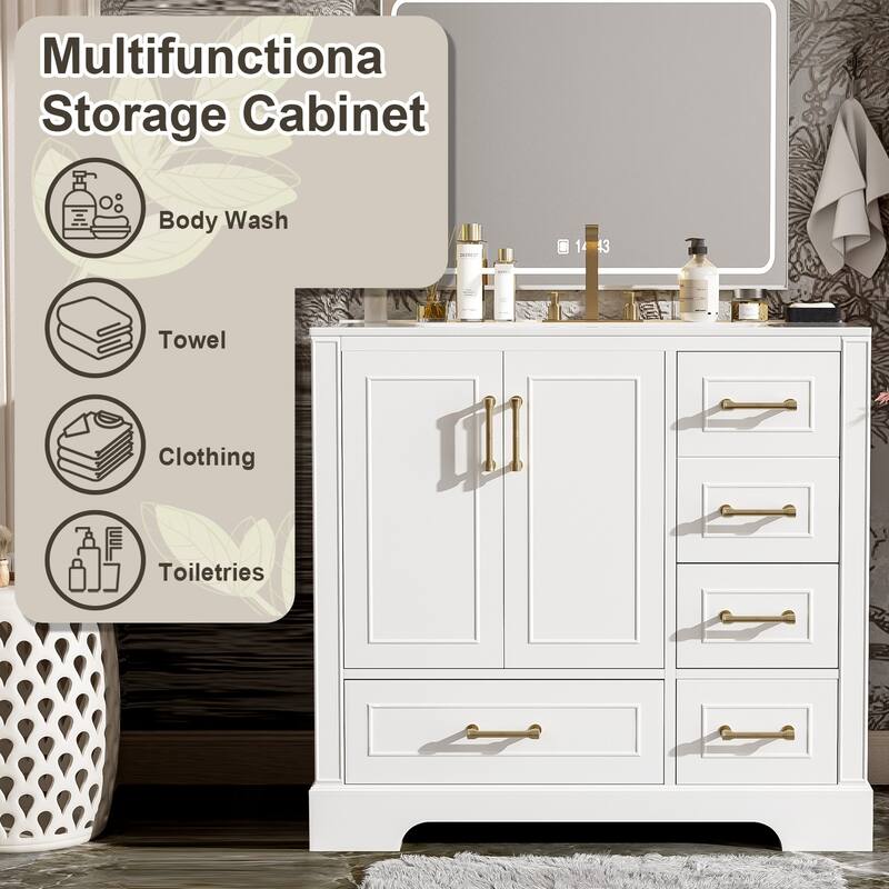 36" Traditional Bathroom Vanity with Ceramics Sink and 4 Drawers