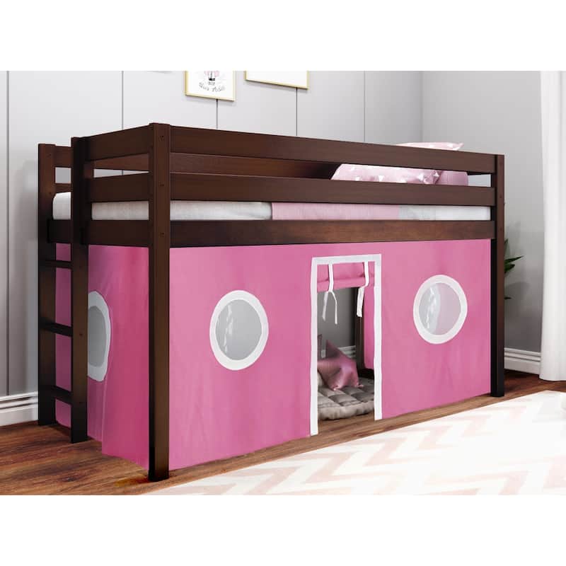 JACKPOT Contemporary Low Loft Twin Bed with End Ladder and Tent - Cherry with Pink & White Tent