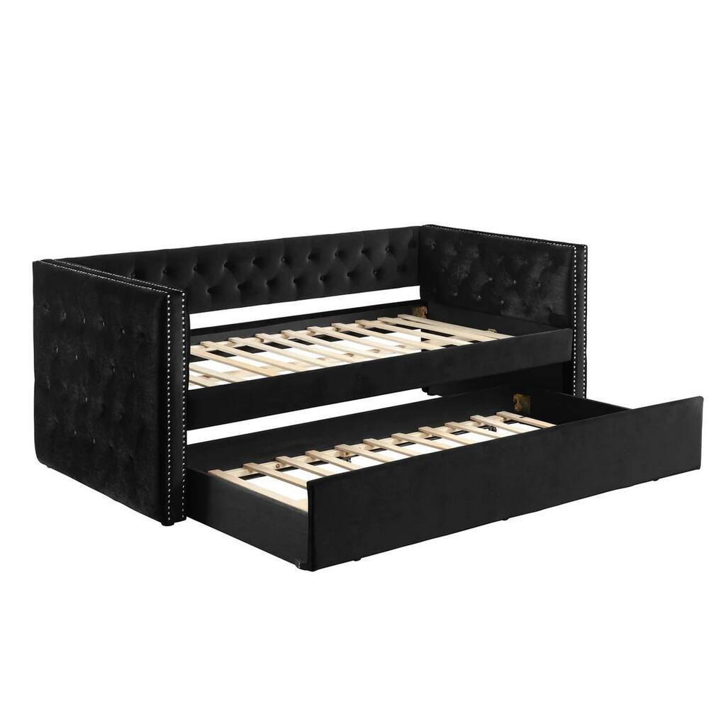 Trace Trundle Daybed, Black Fabric Upholstery, Chesterfield, Nailhead Trim