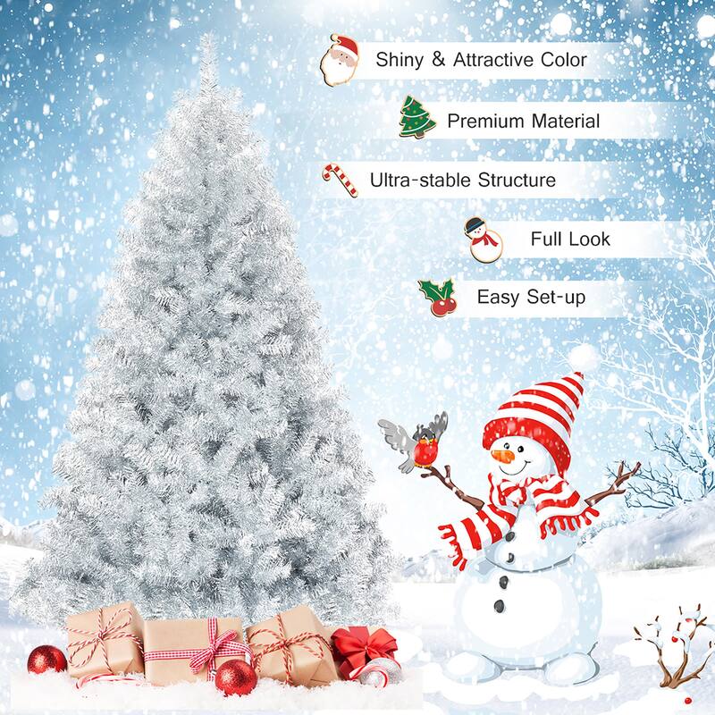 6 Ft Artificial Christmas Tree Silver Tinsel Hinged Tree for Holiday