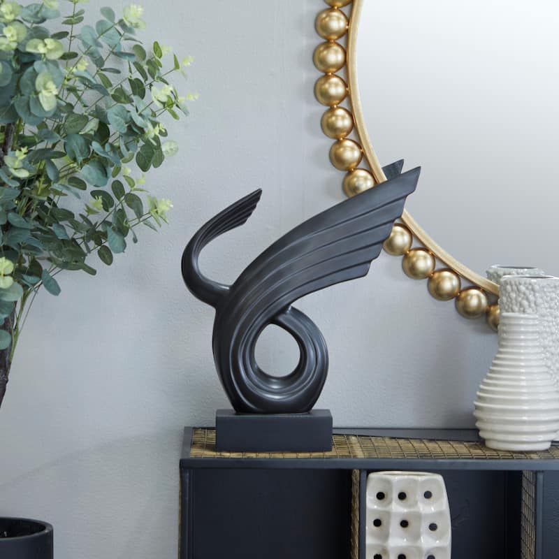 Black Polystone Wing Abstract Decorative Sculpture with Black Base - Black