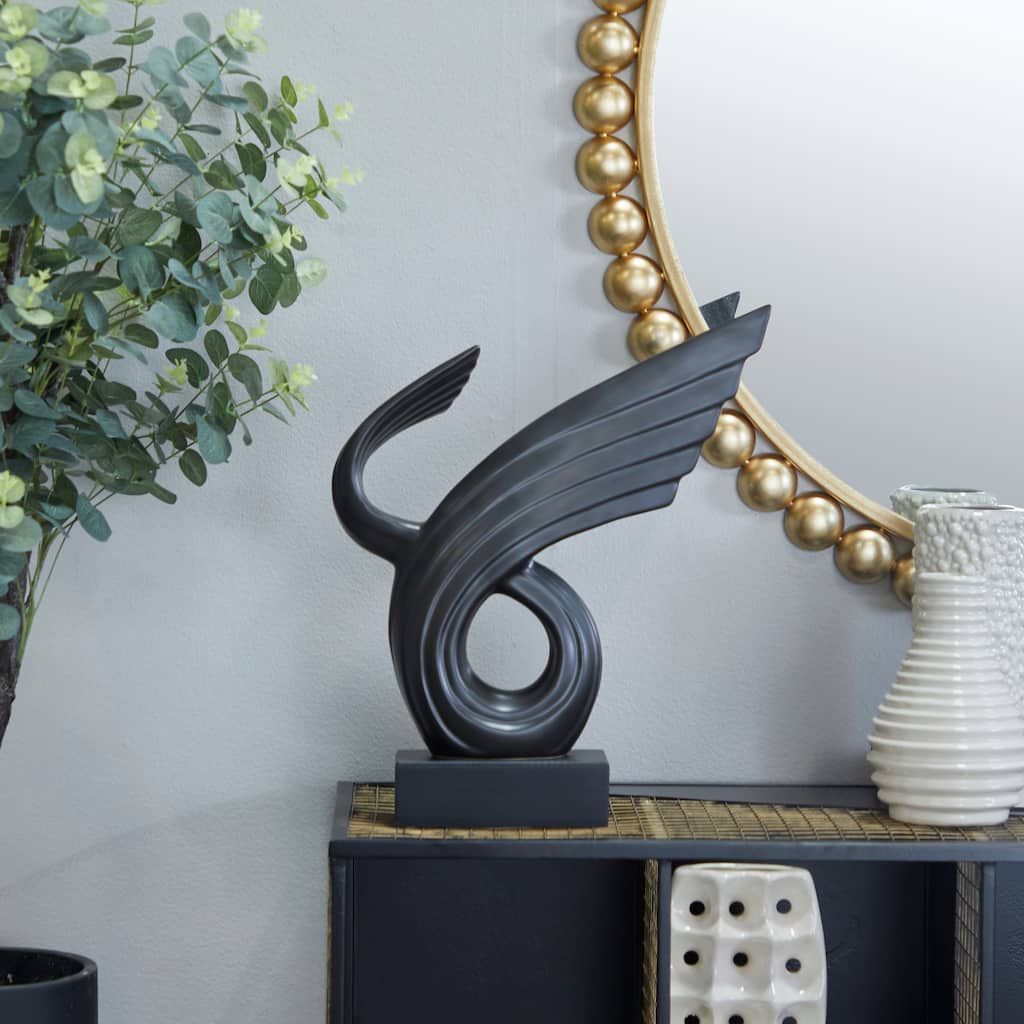 Black Polystone Wing Abstract Decorative Sculpture with Black Base