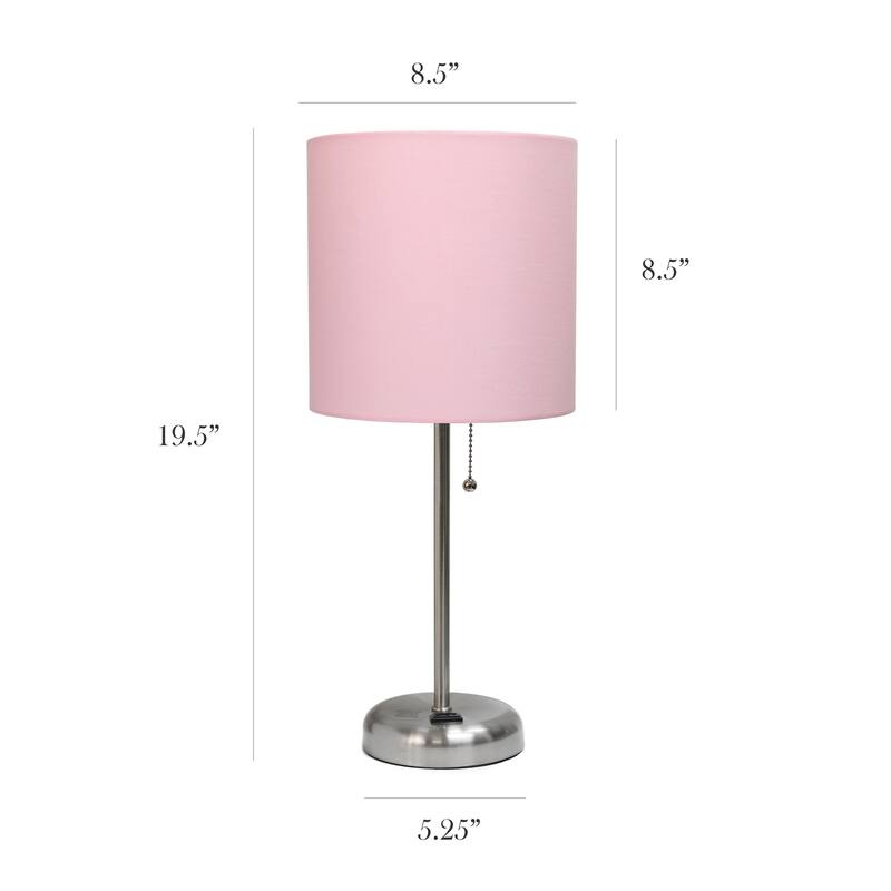19.5 in. Brushed Steel Finish Table Lamp with Pink Shade, Durable Stick Lamp for End/Side Tables, Set of 2