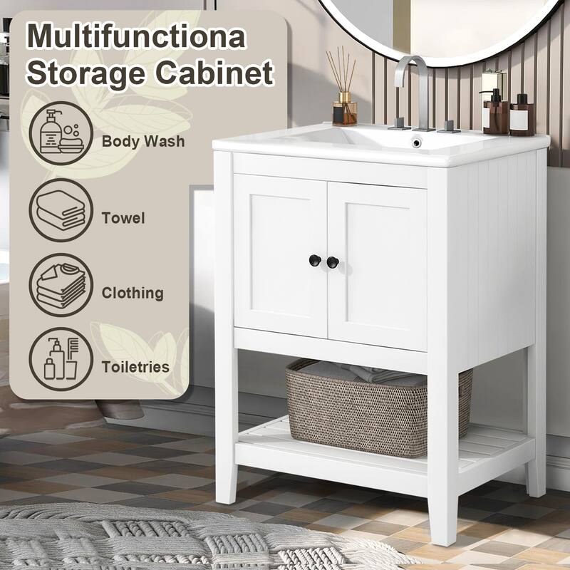 24" Bathroom Vanity Ceramic Sink with Solid Wood Frame Open Style Shelf