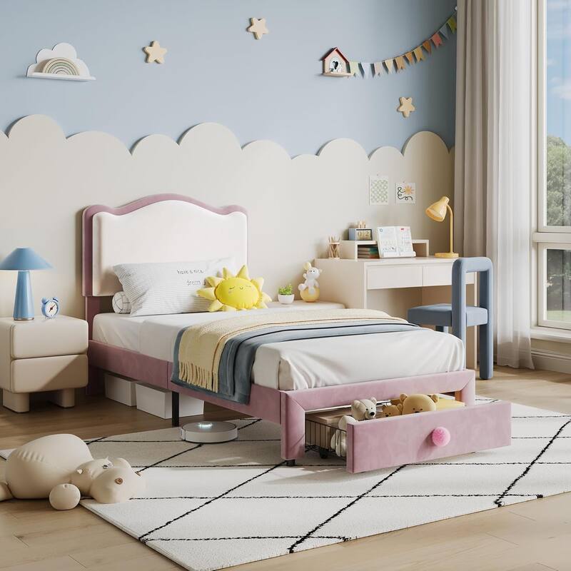 Upholstered Bed Frame for Kids with Storage Drawer and Scallop Headboard, No Box Spring Needed - Twin - Pink and White