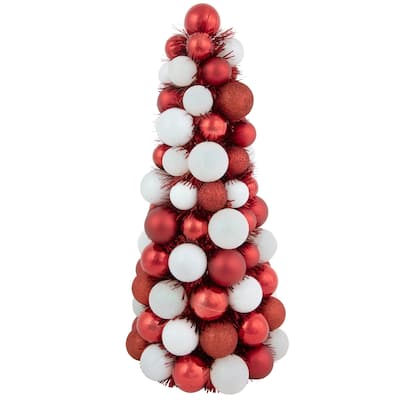 15.75" Red and White 3-Finish Shatterproof Ball Christmas Tree with Tinsel