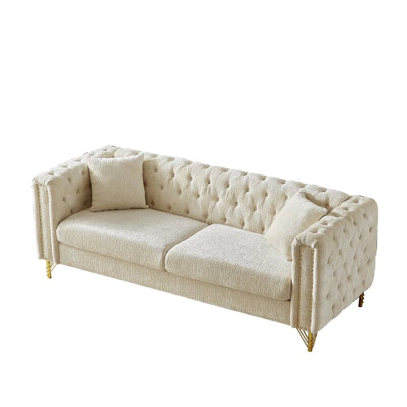 82-Inch Chesterfield-Style Chenille Sofa, Tufted Design with Nailhead Armrests and Metal Legs for Living Room