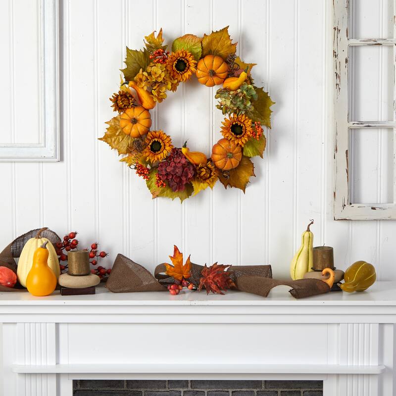 Sunflower with Hydrangea and Pumpkin Artificial Fall Harvest Wreath, 22-Inch