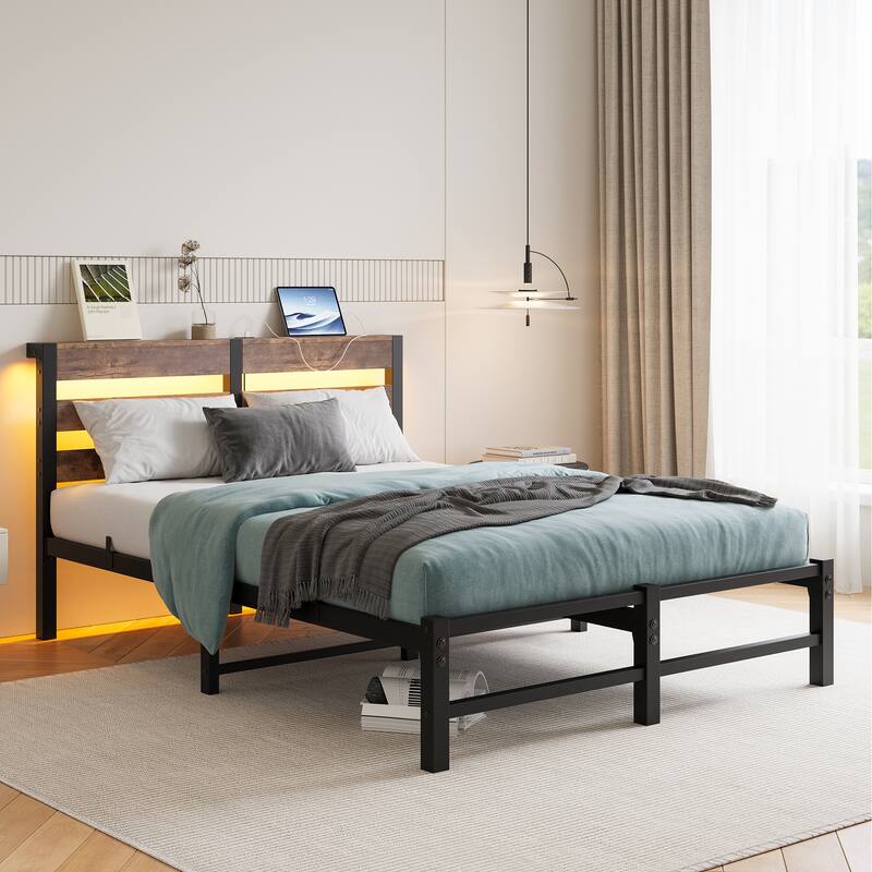 Beige+Brown Full Size Metal Bed with Wooden Headboard, RGB Lights, and Storage Shelf