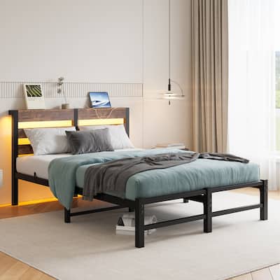 Full Size Bed Frames Rustic Brown Metal Platform Bed with RGB Lights, Charger, Storage Shelf, No Box Spring Needed