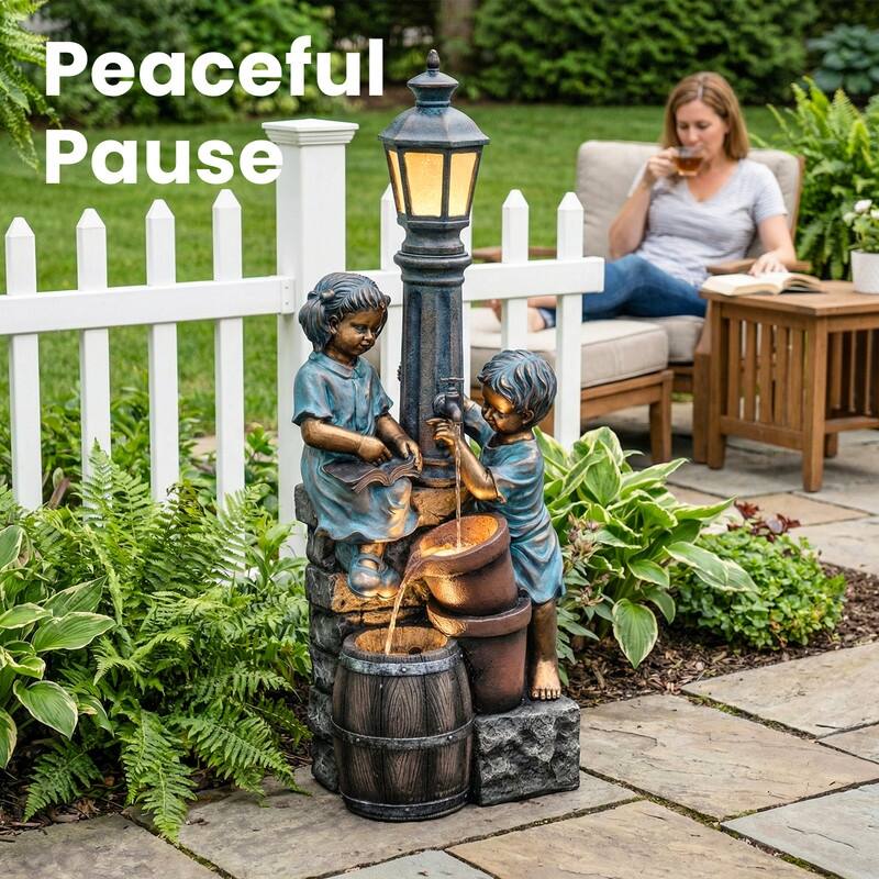 Vbal 3-Tier Outdoor Fountain with Kid and Owl Figures with LED Lights Weather Resistant for Outdoor Decor